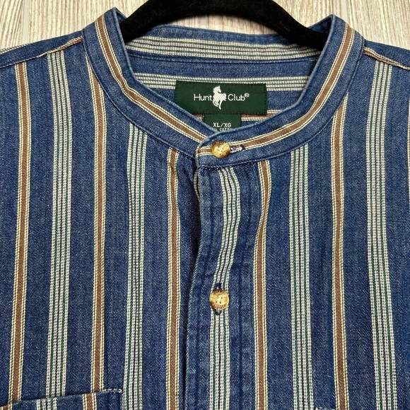 90s Mens Pinstriped Long Sleeve Denim Shirt Band Collar Hunt Club Size XL - Picture 14 of 15